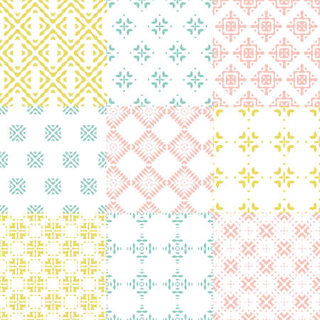 Set of nine vector seamless geometrical patterns. Vintage textures. Decorative background for cards, invitations, web design. Retro digital paper.のイラスト素材