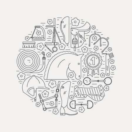 Black and white line style equine conceptual graphic with different horseriding elements including running horse, saddle, bit, helmet and other gear. Equestrian isolated vector template. Perfect for t-shirts and cover design.のイラスト素材