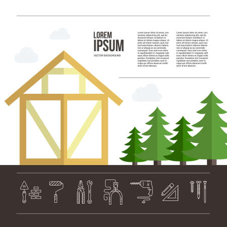 Perfect background for timber industry flyer or banner with frame house. Tools, materials and house building process.Â Place for your text.のイラスト素材