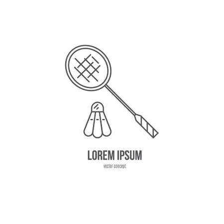 Vector line style logo template with badminton or tennis racket and shuttlecock. Summer game emblem. Sportsclub or championship symbol.のイラスト素材
