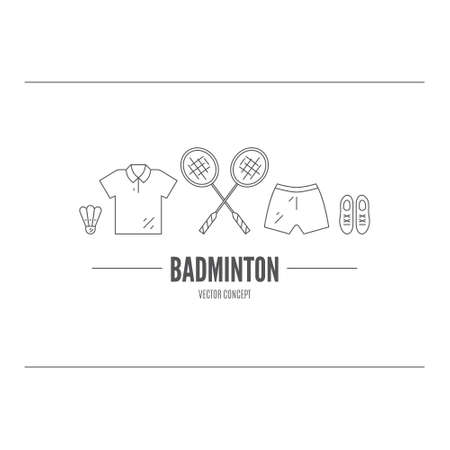 Vector line concept of badminton. Sport logo. Modern black and white template with racket, sportswear and shuttlecock.のイラスト素材