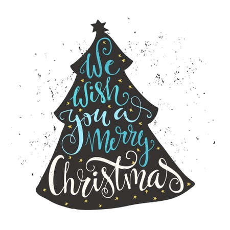 We wish you a merry Christmas - quote in a christmas tree. Unique lettering. Vector art. Great design element for congratulation cards, banners and flyers.のイラスト素材