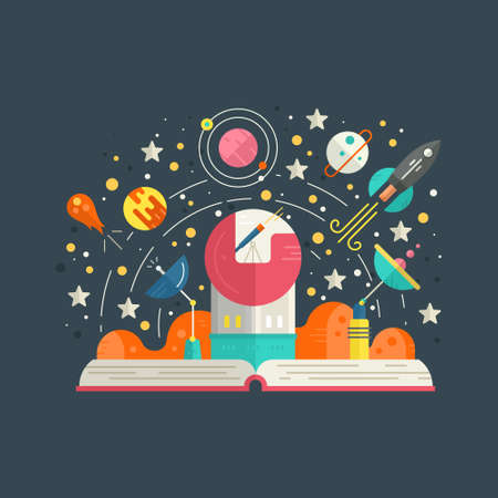Space exploration concept - open book with solar system elements, including rocket, meteor, planets, stars. Imagination concept made in flat style vector.のイラスト素材