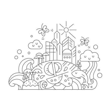 Thin line vector illustration of fantasy island with modern buildings, sun, rainbow, butterflies, palm trees. Imagination concept. Childrens colorbook design element.のイラスト素材