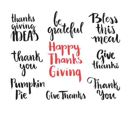 Collection of handdrawn Thanksgiving handdrawn typography and lettering. Unique art. Thanksgiving party invitation design.のイラスト素材