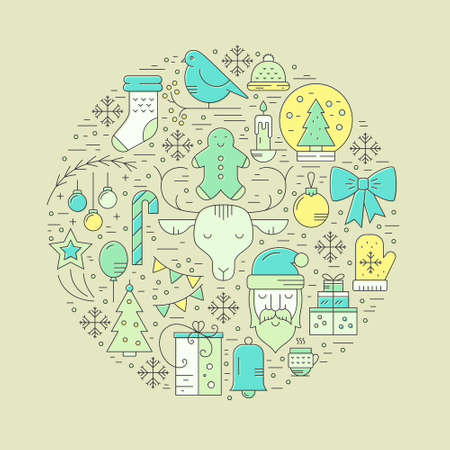 Vintage colored christmas concept made in vector. Christmas and winter symbols arranged in a circle.のイラスト素材