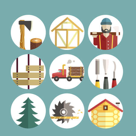 Woodwork and timber industry icon collection - vector set of lumberjack symbols. Unique and modern set isolated on background.のイラスト素材