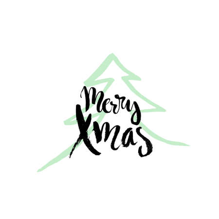 Merry Xmas - handdrawn sign with christmas tree on the background. Brushed script.のイラスト素材