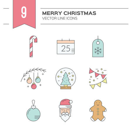 Vector winter holiday symbol collection. Christmas symbols. Santa claus, Christmas tree, ginger man and other Christmas icons.のイラスト素材