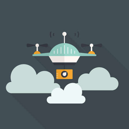Flat style card with drone flying in the clouds. Innovation and technology illustration. Drone vector.のイラスト素材