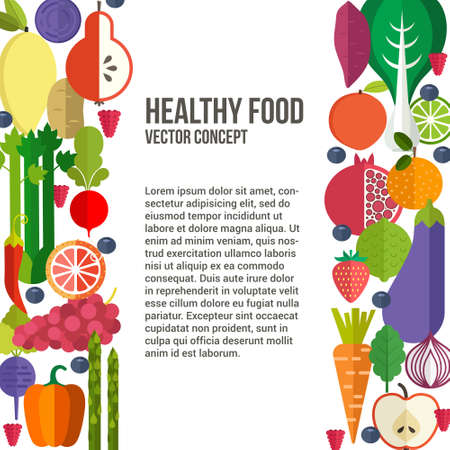 Banner or flyer template with organic fruits and vegetables. Conceptual illustration of healthy food made in flat style vector. Place for your text.のイラスト素材