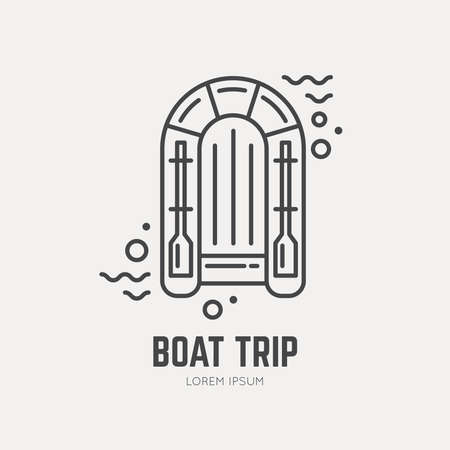 Line style logotype template with lifeboat. Cruise safety icon. Boat trip or rescue boat symbol. Safe travel icon for maritime companies.のイラスト素材
