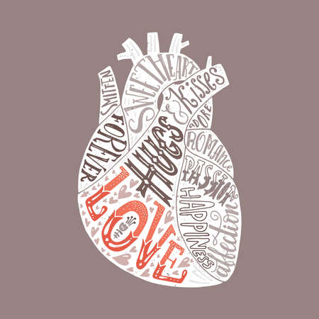 Unique poster for valentines day or save the date card with human heart and hand lettered romantic words. Lettering for card, apparel design or poster in vector format.のイラスト素材