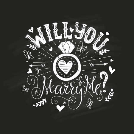 Handdrawn poster ?Marry Me? with engagement ring, hearts and swirls. Engagement party invitation. Save the date card design. Love lettering with engagement ring. Romantic handdrawn lettering. Vector art. Valentine card.のイラスト素材