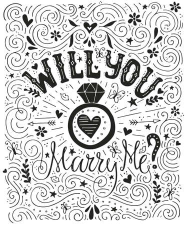 Will You Marry Me - handdrawn card with marriage proposal, wedding ring and lots of heart. Engagement party invitation. Save the date card design. Love lettering with engagement ring. Romantic handdrawn lettering. Vector art. Valentine card.のイラスト素材