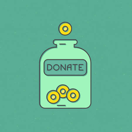 Money falling into jar with donate symbols on it - donation concept, charity illustration. Vector line style label for non-profit organization.のイラスト素材