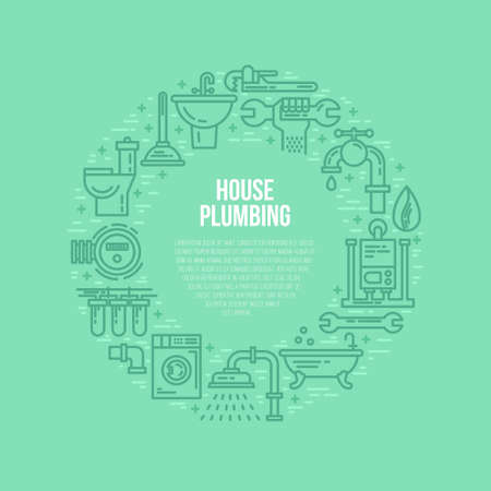 Line style vector illustration of plumbing services. Plumbing symbols - leak, pipe, wrench with place for your text. Plumber service banner template.のイラスト素材