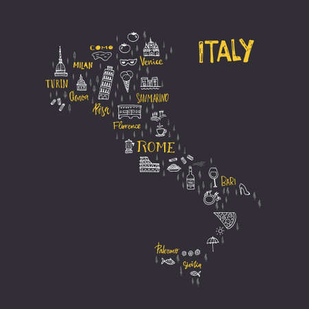 Handdrawn map of italy with all main symbols and unique lettering of main cities. Visit Italy concept. Poster design or postcard illustration.のイラスト素材