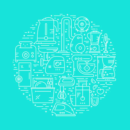 Different house appliances and household gear arrange in a circle. Vector illustration for banner, flyer. House clipart element.のイラスト素材