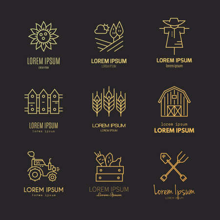 Modern vector logo design with different agricultural and farming symbols. Modern easy to edit logo template.のイラスト素材