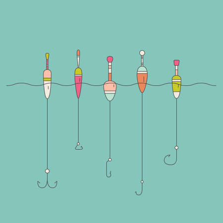 Vector illustration of fishing tackle - floaters and hooks. Fishing gear line series. Catching fish concept.のイラスト素材