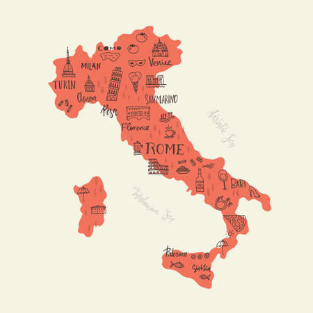 Handdrawn symbols of Italy on a map. Unique illustration for travel poster, visit Italy concept. Tourist postcard design.のイラスト素材