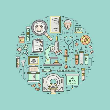 Medical diagnostic concept. Unique medical illustration with MRI, scan, microscope and other check-up process symbols isolated on background. Healthcare illustration. Medical research vector.のイラスト素材