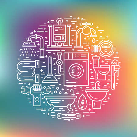 Unique line style vector illustration with plumbing symbols. Wrench, pipe, leak - house repair symbols. Plumbing poster or banner concept.のイラスト素材