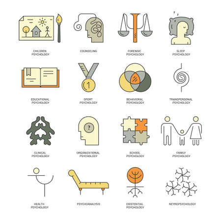 Therapist and counseling process symbols. Modern pictogramm collection of brain function and mental health problems for all kinds of design. Psychology schools with names.のイラスト素材