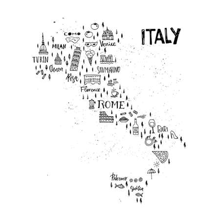 Handdrawn map of italy with all main symbols and unique lettering of main cities. Visit Italy concept. Poster design or postcard illustration.のイラスト素材