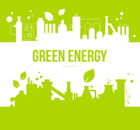 Green energy concept with factory and leaves silhouettes. Environmental element with place for your text made in vector.のイラスト素材
