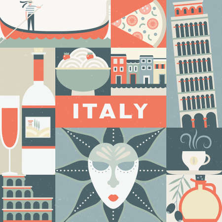Unique design for travel to Italy poster. Modern flat vector concept with Italian symbols. Coliseum, masquerade masque, gondola and other Italy design elements.のイラスト素材