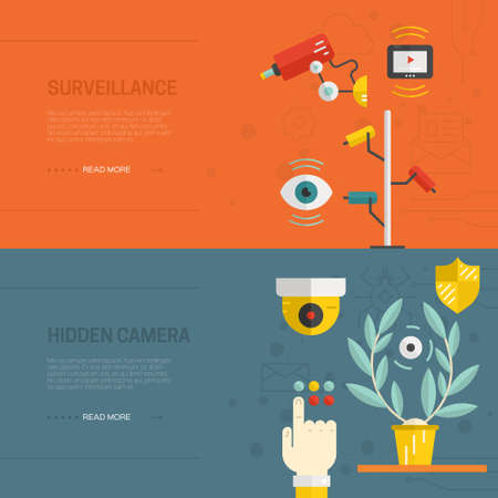 Banners with security cameras. CCTV and street monitoring concept. Video surveillance flyers template made in vector - isolated on background and easy to use.のイラスト素材