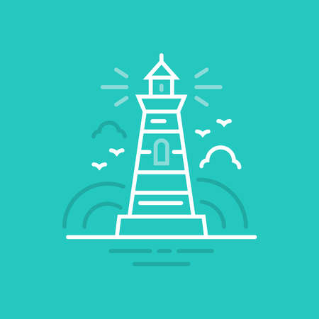 Line style logotype template with lighthouse. Isolated on background and easy to use.  Lighthouse on horizon. Clean and minimalistic symbol. Travel concept.のイラスト素材