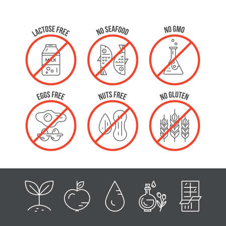 Food intolerance vector icons. No seafood, no lactose, no gmo, no gluten, no eggs, no nuts. Vector line series.のイラスト素材