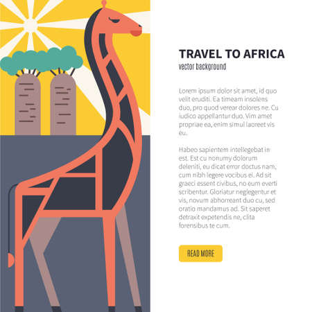 Illustration of giraffe, baobab and sun with place for your text. Safari in africa concept. African vector illustration with wild animal.のイラスト素材
