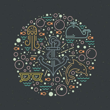 Modern vector illustration of undersea life with different sea creatures and anchor in the middle. Underwater world. Summer adventure illustration. Graphic element for diving school, aquarium or ocean cruise.のイラスト素材