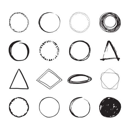 Set of round handdrawn circles and other shapes for logo design. Unique hand sketched shapes for branding identity. Ink brush frames. Vector design.のイラスト素材