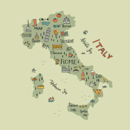 Italian map with handdrawn symbols and lettering elements.のイラスト素材