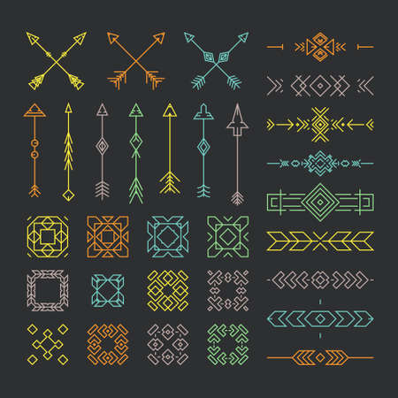 Native American design elements including borders, embellishments, arrows made in vector. Line style vector collection.のイラスト素材