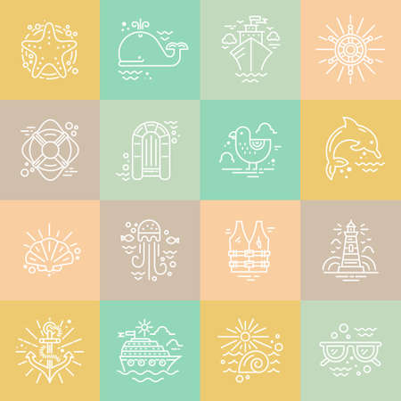 Cruise vacation icons made in trendy line style vector. Summer adventure emblem. Marine symbols. Nautical design elements isolated on background. Labels for maritime company or cruise ship.のイラスト素材