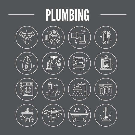 Vector collection of plumbing icons. Plumbing and handyman service symbols made in line style vector. Modern illistrations of pipe, leak, faucet fixing and other repair services.のイラスト素材