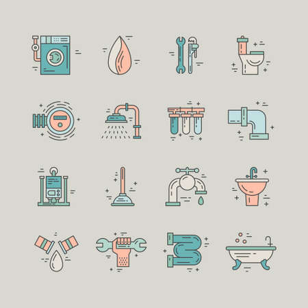 Collection of line style plumbing icons. House repair services.のイラスト素材