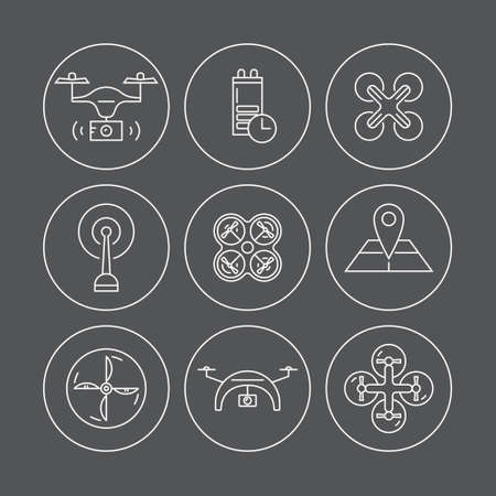Line icons with inmanned aerial vehicle. Aerial photography and videography. Different views of drone and drone equipment. Set of linear drone icons.のイラスト素材