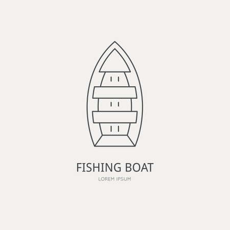 Illustration of a simple wooden boat top view. Fishing boat concept. Label or logo with fishing boar. Modern line style illustration made in vector.のイラスト素材