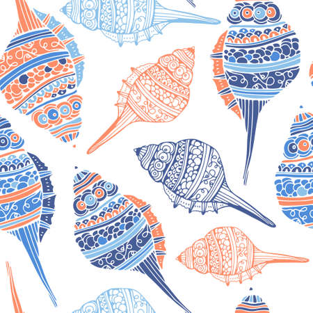 Perfect vintage vector seamless pattern with white seashells. Beautiful tropical background design 
Cute fully editable illustration drawn in vector by hand.のイラスト素材