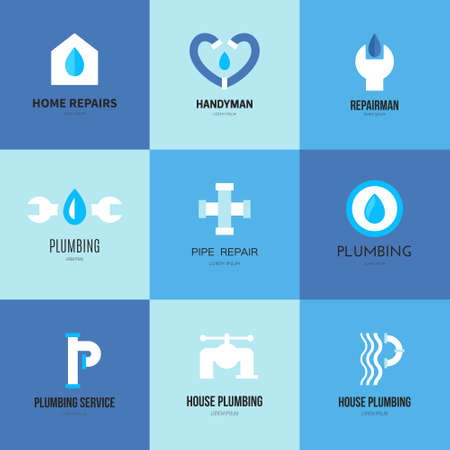 Modern flat style logo collection with plumber, handyman and house repair symbols. Isolated and easy...