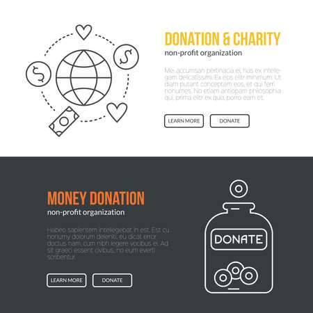 Banner template with charity and donation icons and symbols. Line style vector illustration. Charity work hro image or web site design for non-profit.のイラスト素材