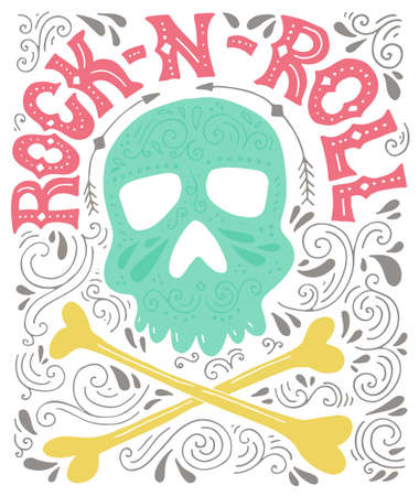 Unique lettering with sign rock-n-roll and illustration of a skull. Vector typography. Design of a t-shirt, bag or other apparel. Illustration for rock concert.のイラスト素材