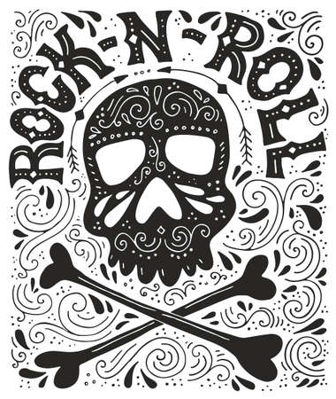 Unique lettering with sign rock-n-roll and illustration of a skull. Vector typography. Design of a t-shirt, bag or other apparel. Illustration for rock concert.のイラスト素材